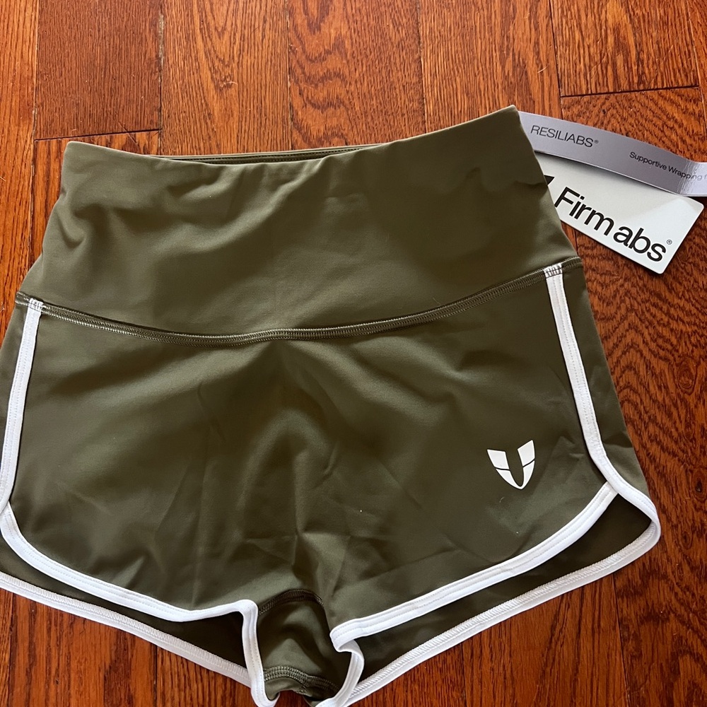 Firm Abs Olive Green High-Rise Athletic Shorts with White Trim